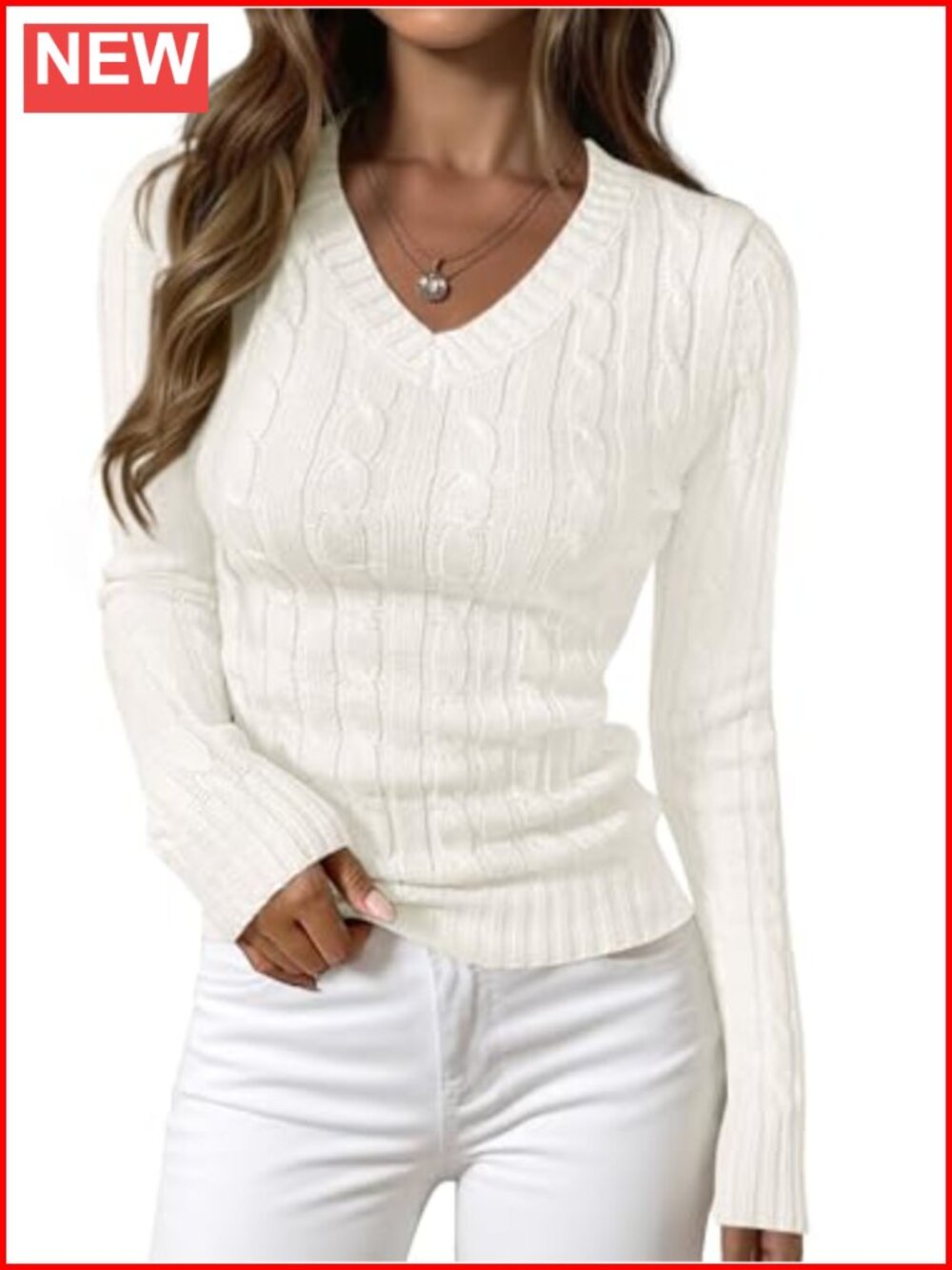 Cable Knit Fitted V Neck Long Sleeve Pullover Sweater